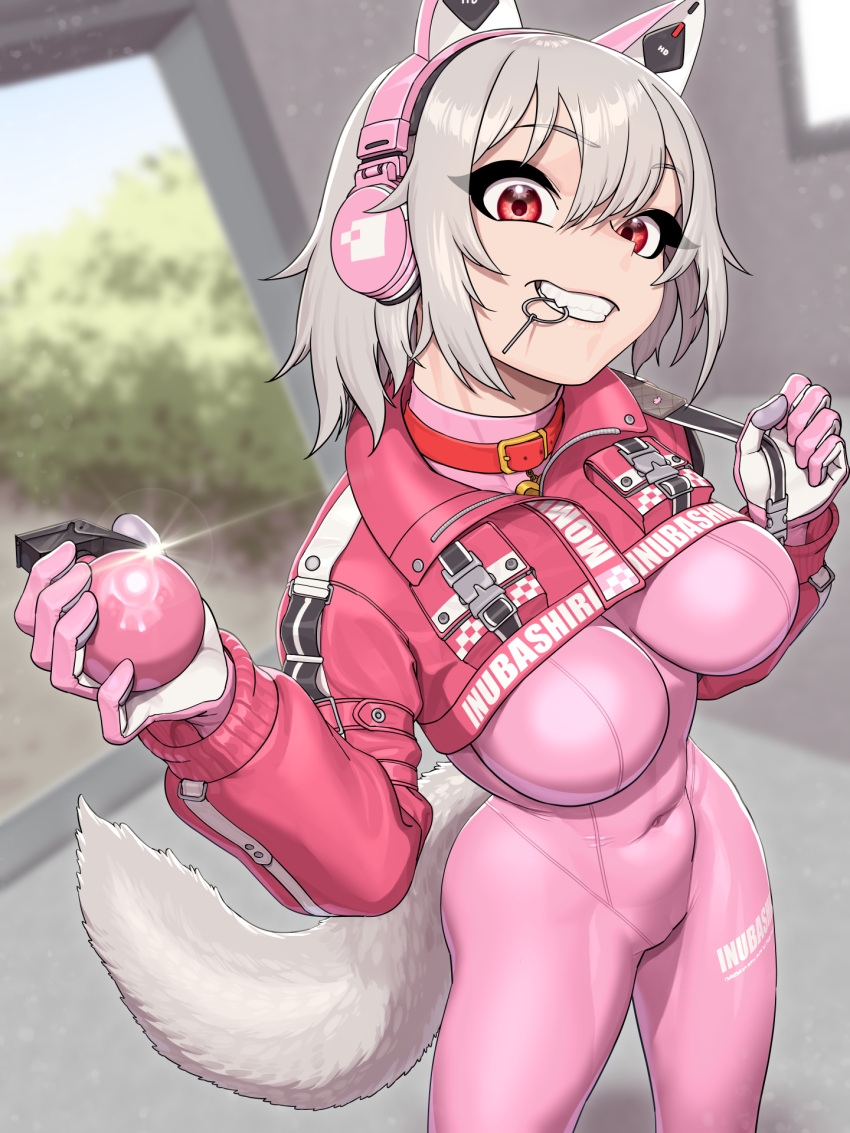 1girl alice_(nikke) alice_(nikke)_(cosplay) animal_ear_headphones animal_ears blurry blurry_background bodysuit breasts bush collar commentary cosplay covered_navel cowboy_shot cropped_jacket explosive fake_animal_ears glint goddess_of_victory:_nikke grenade grenade_pin grenade_pin_in_mouth grey_hair hair_between_eyes headphones highres holding holding_grenade inubashiri_momiji large_breasts latex latex_bodysuit long_sleeves looking_at_viewer lyoung0j making-of_available mouth_hold pink_bodysuit pink_headphones red_eyes short_hair skin_tight solo standing strap_pull tail teeth teeth_hold touhou tree wolf_girl wolf_tail