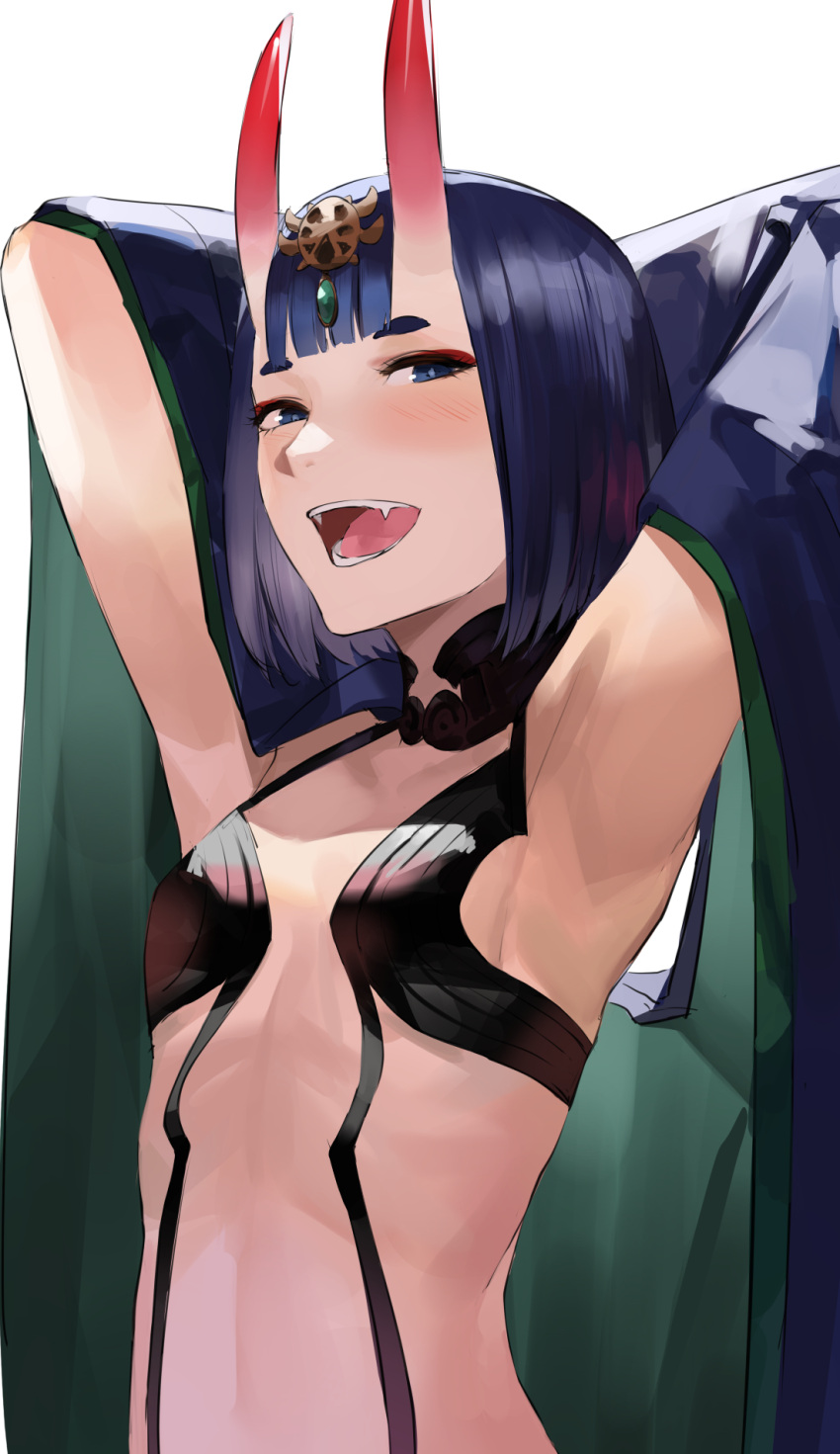 1girl arm_up armpits arms_behind_head blazpu blunt_bangs blush breasts fangs fate/grand_order fate_(series) hair_ornament highres horns looking_at_viewer oni oni_horns purple_eyes purple_hair short_eyebrows shuten_douji_(fate) skin-covered_horns small_breasts smile solo