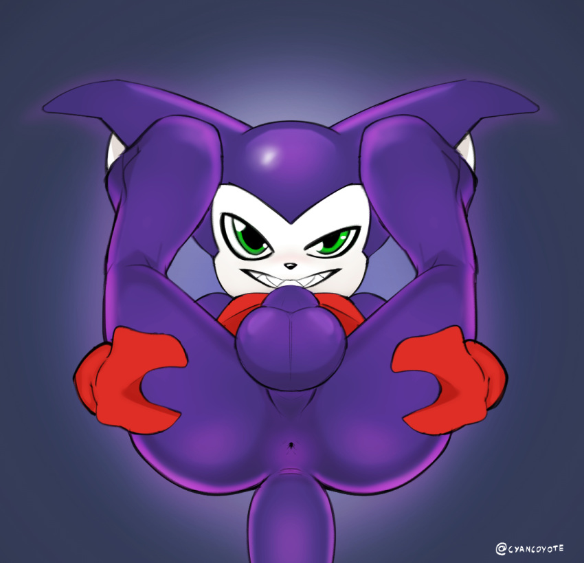 anus balls bandai_namco butt cyancoyote digimon digimon_(species) genitals green_eyes grin humanoid impmon looking_at_viewer lying male nude on_back presenting presenting_hindquarters purple_body smile solo spread_butt spreading teeth