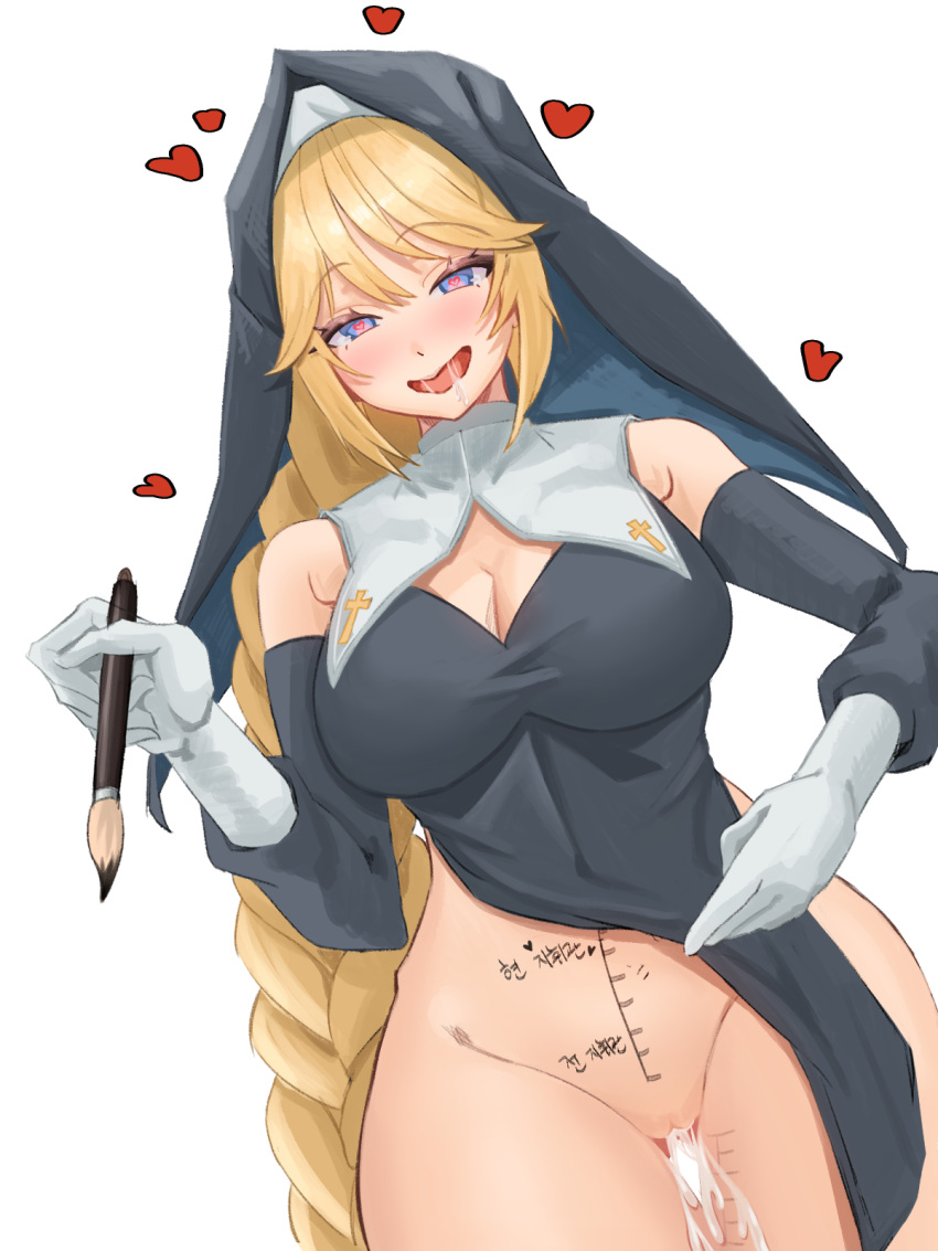 1girl black_dress black_sleeves blonde_hair blue_eyes bluepaint body_writing bottomless braid braided_ponytail breasts cleavage clothing_aside cum cumdrip detached_collar detached_sleeves dress dutch_angle gloves goddess_of_victory:_nikke groin habit heart heart-shaped_pupils highres holding holding_brush holding_paintbrush large_breasts long_hair looking_at_viewer naughty_face nun paintbrush pelvic_curtain pelvic_curtain_aside penis_measuring rapunzel_(nikke) saliva solo symbol-shaped_pupils tally very_long_hair white_background white_gloves