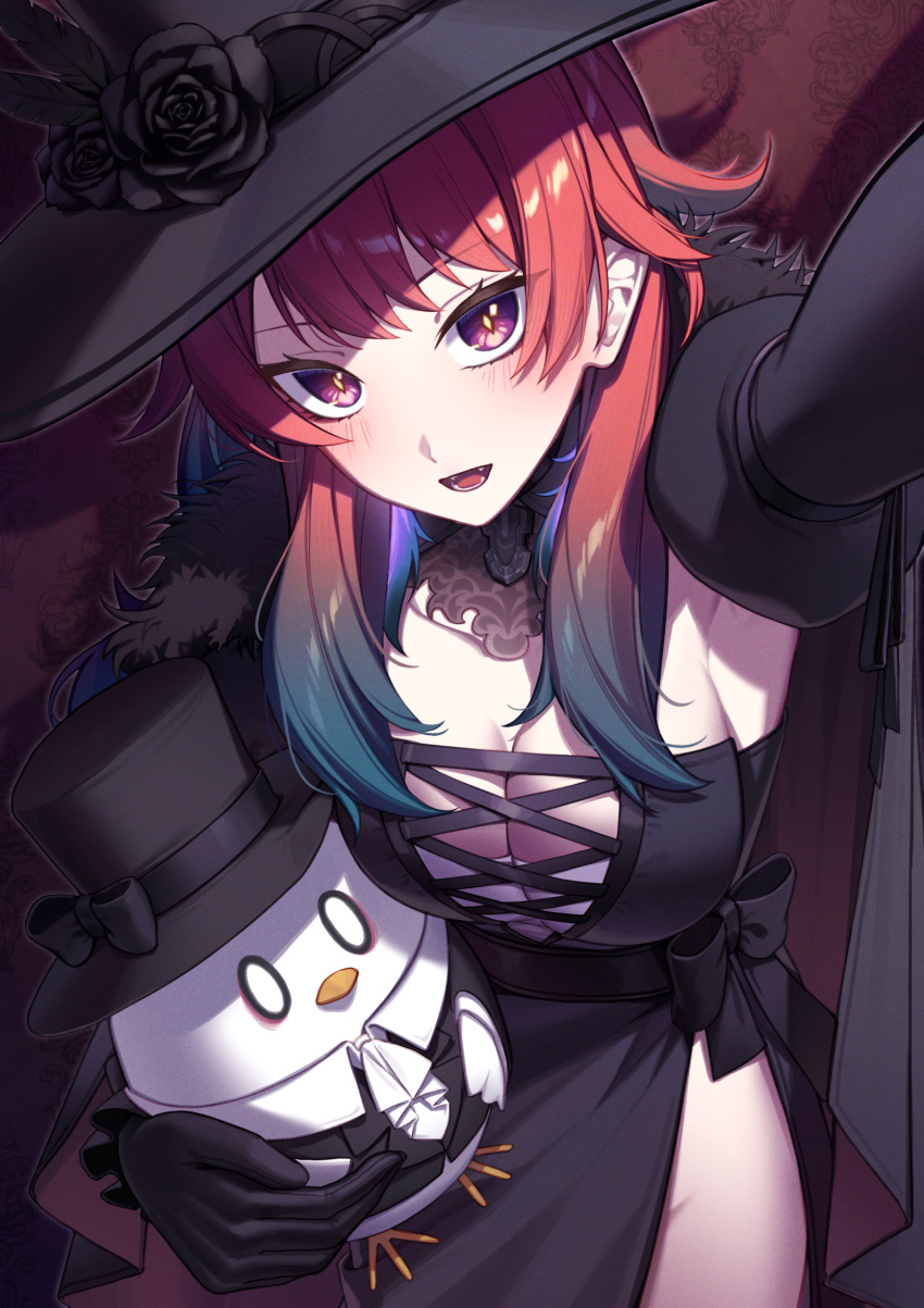 1girl :d absurdres arm_up black_dress black_flower black_gloves black_rose breasts dress erezu fangs flower gloves hat hat_feather hat_flower highres hololive hololive_english kfp_employee_(takanashi_kiara) large_breasts orange_hair outstretched_arm purple_eyes rose side_slit slit_pupils smile sun_hat takanashi_kiara top_hat vampire virtual_youtuber