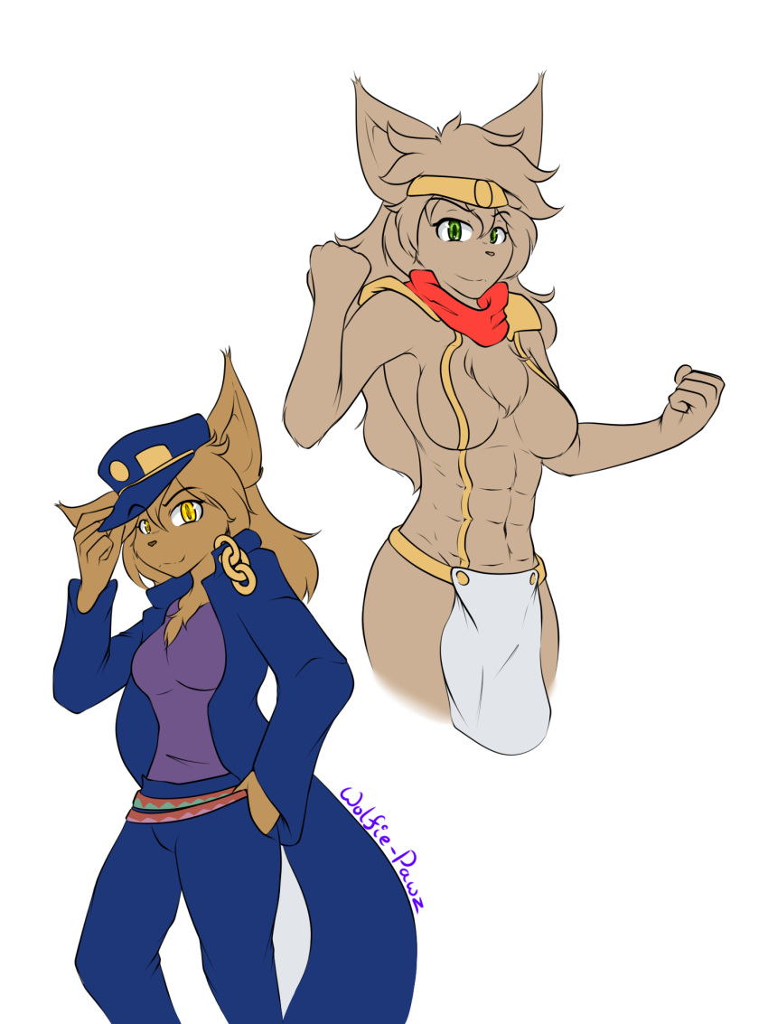 abs anthro basitin breasts brown_body brown_fur clothing cosplay duo featureless_breasts female fur green_eyes grey_body grey_fur hat headgear headwear hi_res jojo's_bizarre_adventure jonathan_joestar king_adelaide madelyn_adelaide mammal muscular muscular_female twokinds webcomic wolfie-pawz yellow_eyes