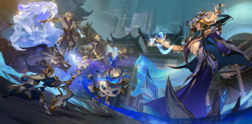 2boys 3girls absurdres amumu animal animal_ears armor black_hair blue_dress blue_gloves blue_hair blue_pants bow_(weapon) covered_eyes dress ezreal fighting_stance fingerless_gloves gloves helmet helmet_over_eyes highres holding holding_bow_(weapon) holding_wand holding_weapon kindred_(league_of_legends) league_of_legends lion lion_boy lion_ears lion_tail lissandra_(league_of_legends) long_hair lux_(league_of_legends) magic mask multicolored_hair multiple_boys multiple_girls night night_sky official_alternate_costume outdoors pants pauldrons porcelain_amumu porcelain_ezreal porcelain_kindred porcelain_lissandra porcelain_lux short_hair shoulder_armor sky snake tail two-tone_hair wand weapon white_armor white_hair wolf yodenn_4