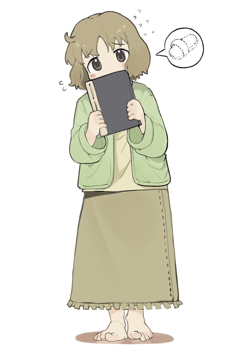 1girl absurdres ahoge barefoot blush book covering_mouth dress feet flying_sweatdrops full_body green_dress green_jacket highres holding holding_book jacket kyoto_animation long_skirt menthako nichijou sakurai_izumi short_hair skirt slippers slippers_removed solo speech_bubble teacher toenails toes white_background