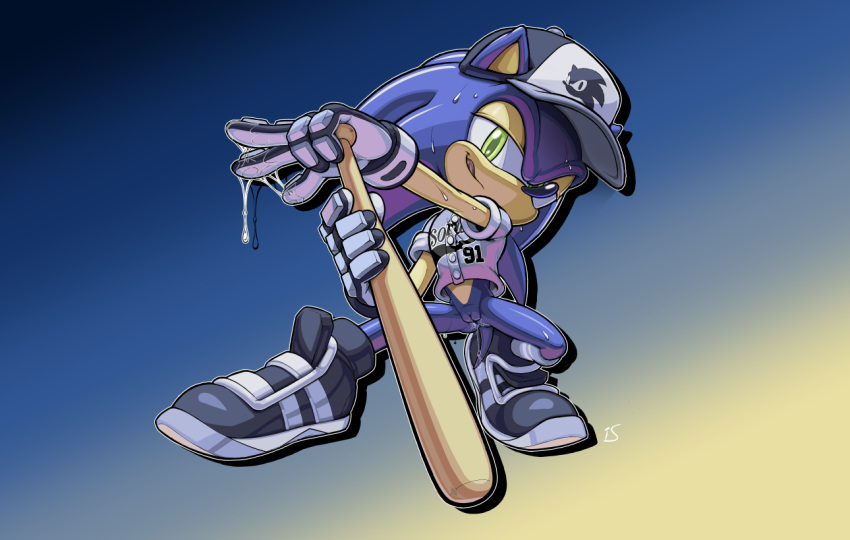 1boy animal_ears animal_nose arm_up artist_name baseball_bat baseball_cap baseball_uniform black_footwear black_headwear blue_background blue_fur blue_hair body_fur bottomless buttons character_name cleft_of_venus closed_mouth clothes_writing commentary cuntboy drop_shadow ears_through_headwear english_commentary english_text full_body furry furry_male gloves gradient_background green_eyes half-closed_eyes hand_on_hilt hand_up happy hat heel_up holding holding_baseball_bat licking_lips logo long_hair looking_at_viewer male_focus official_alternate_costume outline outstretched_arm pussy pussy_juice rockthebull shiny_skin shirt shoes short_sleeves sideways_mouth signature smile solo sonic_(series) sonic_dash sonic_the_hedgehog sportswear spread_legs standing stretching sweat tail thighs tongue tongue_out uncensored white_gloves white_outline white_shirt