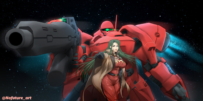 absurdres cima_garahau gerbera_tetra green_hair gun gundam gundam_0083 highres holding holding_gun holding_weapon mature_female mecha military_uniform nofuture robot space uniform weapon zeon