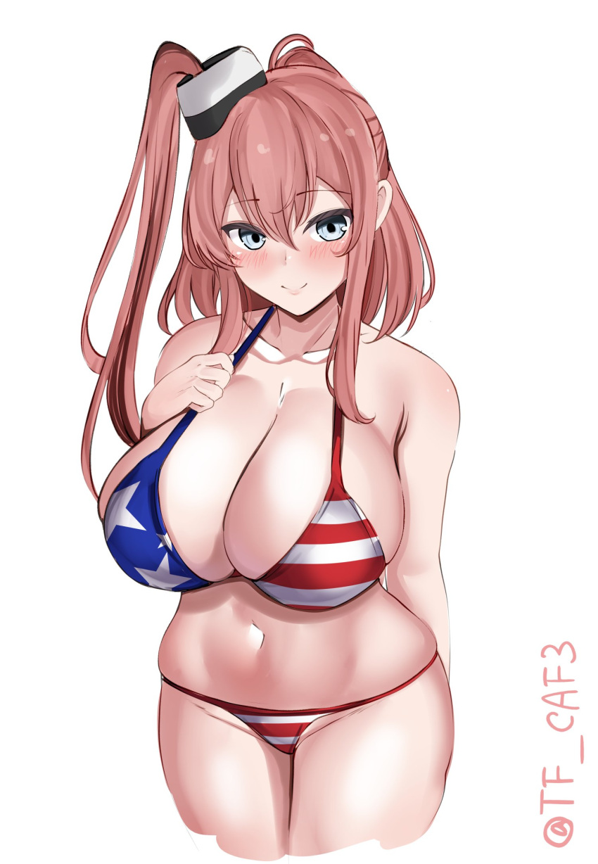 1girl alternate_costume american_flag_bikini bikini blue_eyes breasts brown_hair cleavage closed_mouth collarbone cropped_legs english_commentary flag_print groin hair_between_eyes highres huge_breasts kantai_collection long_hair looking_at_viewer navel one-hour_drawing_challenge print_swimsuit saratoga_(kancolle) side_ponytail smile smokestack solo swimsuit tf_cafe twitter_username white_background