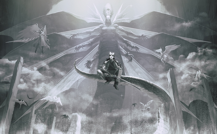 6+boys aleph_(megami_tensei) angel angel_wings black_hair camael commentary_request demon extra_arms extra_breasts feathered_wings greyscale holding holding_scythe holding_shield holding_sword holding_weapon katana long_hair looking_at_viewer metatron_(megami_tensei) monochrome monster multiple_boys multiple_wings o_c_x outstretched_arms sariel_(megami_tensei) satan_(megami_tensei) scythe shield shin_megami_tensei shin_megami_tensei_ii sitting sitting_on_another's_tail sitting_on_tail sparkle spread_arms sword visor_(armor) weapon wings