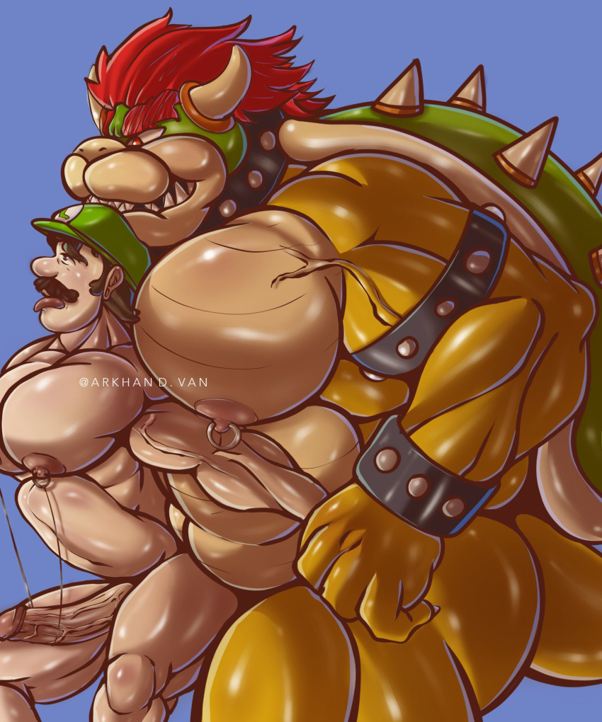 abdominal_bulge abs anal anal_penetration anthro anthro_dominating_human anthro_penetrating anthro_penetrating_human arkhan_d.van big_dom_small_sub big_muscles big_nipples big_pecs big_penis bowser bracelet brown_hair collar dominant dominant_anthro dominant_male duo facial_hair from_behind_position genitals green_body hair hi_res horn human human_on_anthro human_penetrated interspecies jewelry koopa larger_anthro larger_male luigi male male/male male_penetrated male_penetrating male_penetrating_male mammal mario_bros multicolored_body muscular muscular_anthro muscular_human muscular_male mustache nintendo nipple_piercing nipples nude open_mouth pecs penetration penile penile_penetration penis penis_in_ass piercing red_hair scalie sex sharp_teeth shell size_difference smaller_human smaller_male smaller_penetrated spiked_bracelet spiked_collar spiked_shell spikes spikes_(anatomy) submissive submissive_human submissive_male teeth tongue tongue_out yellow_body