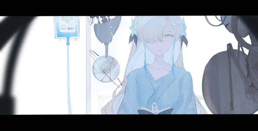 1girl bed blue_hair blurry blurry_foreground book closed_mouth collarbone commentary empty_eyes expressionless grey_hair hair_over_one_eye highres holding holding_book hospital_bed hospital_gown intravenous_drip isekai_joucho iv_stand kamitsubaki_studio kenran_000 letterboxed long_hair looking_at_viewer machine multicolored_hair one_eye_covered open_book sanpaku sidelocks solo streaked_hair turning_page upper_body virtual_youtuber white_background