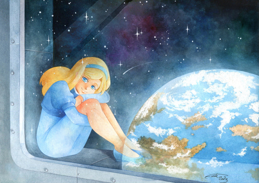 1girl blonde_hair blue_eyes blue_shirt commission earth_(planet) finik flats hairband highres hugging_own_legs maria_robotnik planet reflection shirt shooting_star signature sitting smile solo sonic_(series) sonic_adventure_2 space space_colony_ark star_(sky)