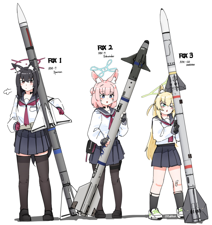 3girls absurdres aim-120_amraam aim-7_sparrow aim-9_sidewinder animal_ear_fluff animal_ears bandaid bandaid_on_leg black_hair blonde_hair blue_archive blue_eyes blue_halo blush closed_mouth commentary_request flukhan fox_ears full_body gloves green_eyes green_halo hair_between_eyes halo highres korean_commentary kurumi_(blue_archive) long_hair long_sleeves looking_at_viewer medium_hair multiple_girls neckerchief niko_(blue_archive) open_mouth pink_hair red_eyes red_gloves red_halo red_neckerchief sailor_collar school_uniform serafuku simple_background skirt standing thighhighs throat_microphone twitter_username white_background yukino_(blue_archive)