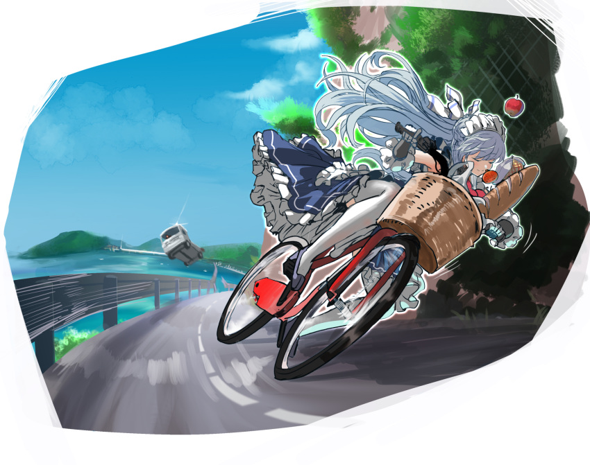 1girl apple azur_lane baguette basket belfast_(azur_lane) bicycle blue_dress bread closed_eyes closed_mouth cloud day dress food frilled_dress frilled_gloves frills fruit gloves grey_hair ground_vehicle hey_taisyou highres long_hair maid maid_headdress motor_vehicle outdoors railing riding road shoes sky thighhighs truck very_long_hair water white_thighhighs