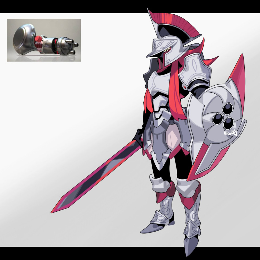 1other armor armored_boots boots full_body grey_background helmet highres holding holding_shield holding_sword holding_weapon knight letterboxed long_hair nautilus_(splatoon) personification red_hair reference_inset shield sido_(slipknot) simple_background solo splatoon_(series) standing sword weapon