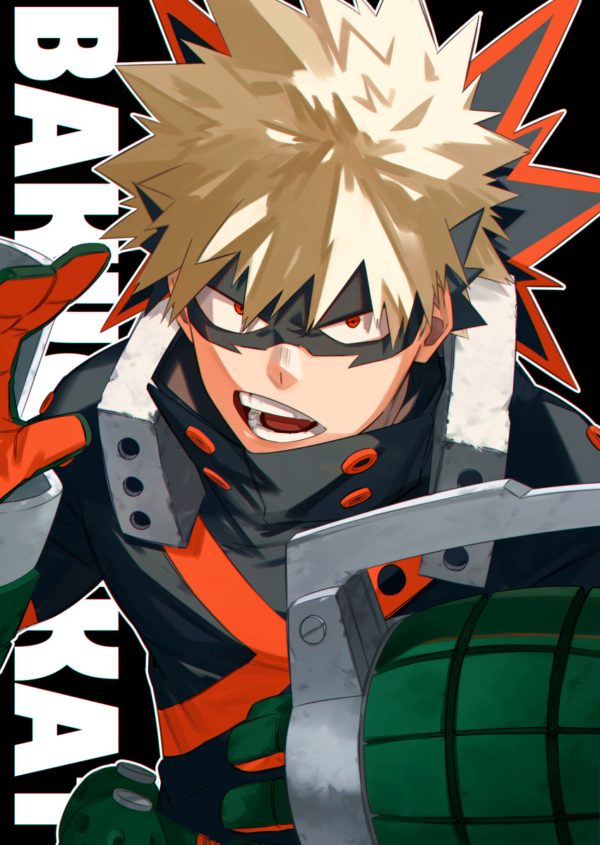 1boy bakugou_katsuki black_background black_bodysuit black_mask blonde_hair bodysuit boku_no_hero_academia character_name explosive grenade highres looking_at_viewer male_focus mirin_(coene65) open_mouth outline red_eyes short_hair solo spiked_hair teeth white_outline