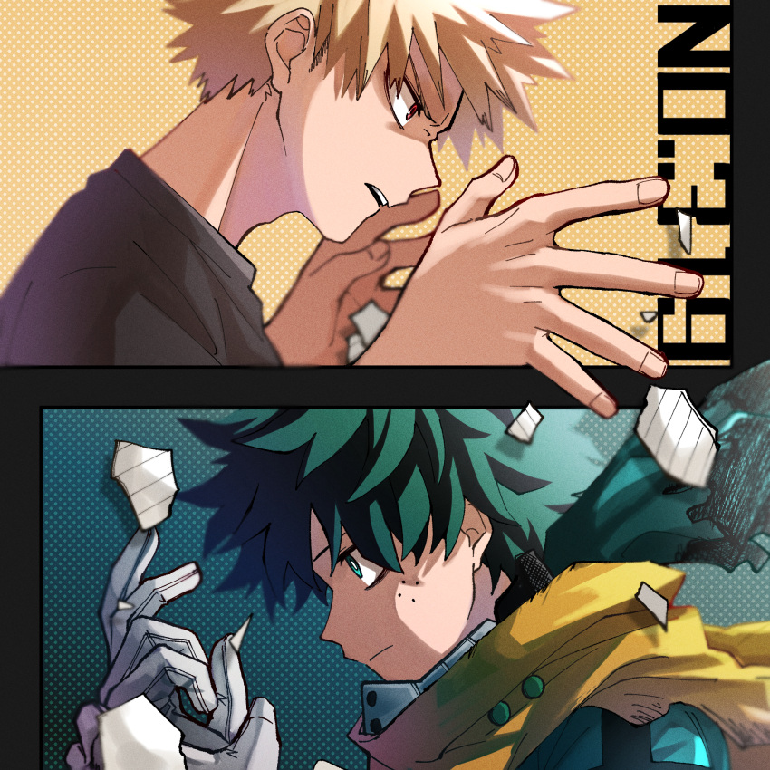 2boys adjusting_clothes adjusting_gloves angry aqua_eyes aqua_mask atmospheric_perspective bags_under_eyes bakugou_katsuki black_shirt blonde_hair blue_background blurry boku_no_hero_academia bright_pupils cape closed_mouth color_coordination contrast depth_of_field film_grain freckles from_side frown furrowed_brow gloves gradient_background green_background green_hair hands_up head_down highres looking_ahead male_focus midoriya_izuku multiple_boys official_alternate_costume open_mouth outside_border own_hands_together paper polka_dot polka_dot_background portrait profile red_eyes sanpaku shiina_(chippy0310) shirt short_hair sideways_mouth spiked_hair spoilers t-shirt tearing_paper teeth text_background text_focus torn torn_cape torn_clothes torn_mask torn_paper upper_teeth_only white_gloves white_pupils yellow_background yellow_cape