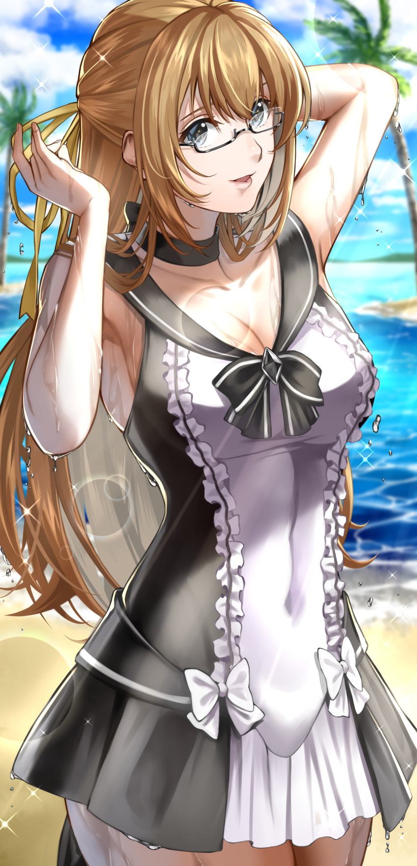 1girl absurdres beach black_eyes bow breasts brown_hair choker cleavage_cutout clothing_cutout coconut_tree commission delsaber dress glasses hair_bow highres large_breasts looking_at_viewer ocean original outdoors palm_tree sand skeb_commission smile solo sun_glare tree