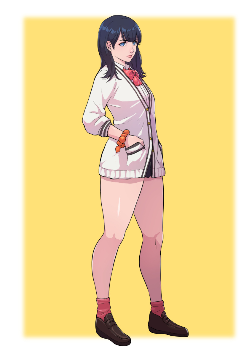 1girl absurdres black_hair black_skirt blue_eyes bow bowtie breasts cardigan cirenk commission full_body gridman_universe hands_in_pockets highres long_hair long_sleeves looking_at_viewer microskirt orange_scrunchie red_bow red_bowtie red_socks school_uniform scrunchie shirt simple_background skirt socks solo ssss.gridman standing sweater takarada_rikka thighs white_cardigan white_shirt white_sweater wrist_scrunchie