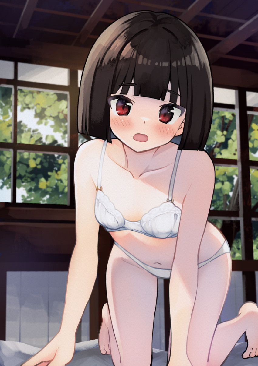 1girl akemiho_tabi_nikki all_fours architecture barefoot black_hair blunt_bangs blunt_ends blush bob_cut bra breasts collarbone commentary east_asian_architecture embarrassed foliage fukube_tamaki gendai_ninjakko_zukan highres indoors kouno_hikaru looking_at_viewer navel open_mouth original paid_reward_available panties red_eyes short_hair small_breasts solo tree underwear underwear_only white_bra white_panties window wooden_ceiling wooden_wall