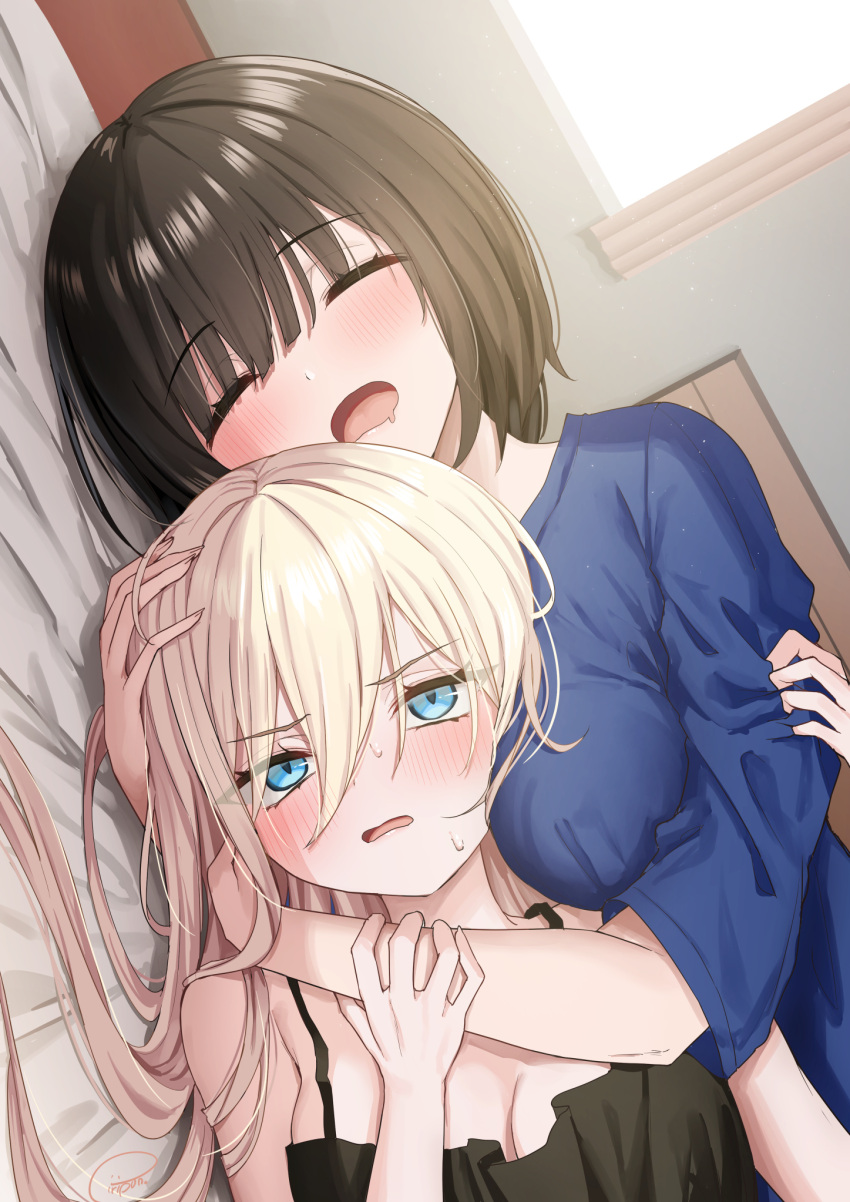 2girls bed_sheet black_dress black_hair blonde_hair blue_eyes blush breasts cleavage closed_eyes commentary_request dress drooling hand_on_another's_head highres indoors long_hair lying medium_breasts mouth_drool multiple_girls on_side open_mouth original piripun shirt short_sleeves sleeping sleeveless sleeveless_dress sweat upper_body white_shirt window yuri