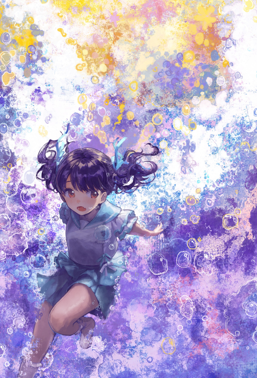 1girl abstract_background absurdres black_hair blue_ribbon blue_sailor_collar blue_skirt blush bubble commentary_request fangs fukumaru_koito hai_bokusha hair_ribbon highres idolmaster idolmaster_shiny_colors knee_up looking_away multicolored_background open_mouth pleated_skirt purple_eyes ribbon sailor_collar shoes short_sleeves skin_fangs skirt socks solo twintails