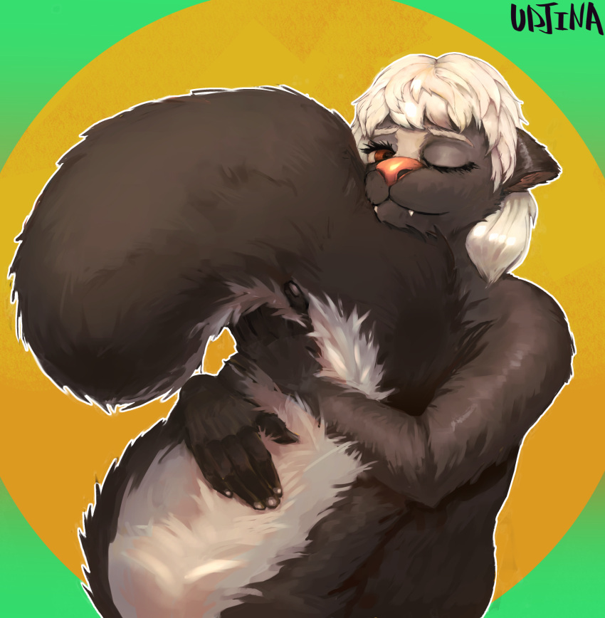 anthro big_tail brown_body brown_eyes brown_fur embrace female fur hair hi_res hug mammal mephitid pink_nose skunk smile smiley_face solo solo_focus tail tail_hug tomboy udjina white_body white_fur white_hair