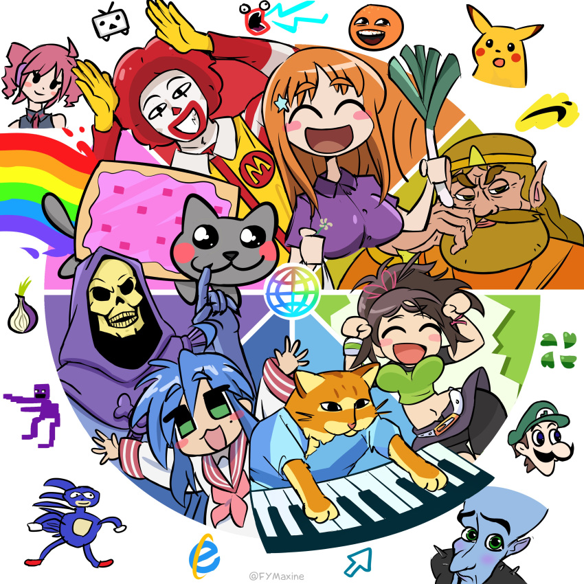 4chan absurdres bleach caramelldansen color_wheel_challenge fymaxine highres inoue_orihime internet_explorer izumi_konata leekspin_(meme) logo lucky_star mcdonald's meme multiple_girls niconico nyan_cat pikachu pokemon ronald_mcdonald shoop_da_whoop sonic_(series) sonic_the_hedgehog surprised_pikachu_(meme) tagme twitter_username