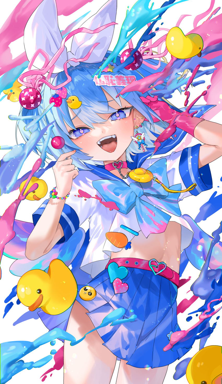 1girl aano_(10bit) absurdres angel_wings belt blue_bow blue_bowtie blue_eyes blue_hair blue_skirt blue_wings bow bowtie bracelet bright_pupils buckle candy carrot_pin chain choker commentary_request cowboy_shot crime_prevention_buzzer detached_wings duck_hair_ornament ear_piercing earrings emoji fangs food food-themed_hair_ornament glint gloves hair_bobbles hair_ornament hair_ribbon hand_in_own_hair hands_up heart heart-shaped_buckle heart_pin highres holding holding_candy holding_food holding_lollipop jewelry lollipop looking_at_viewer midriff miniskirt open_mouth original paint_splatter parted_bangs piercing pink_belt pink_choker pink_gloves pink_ribbon pleated_skirt ribbon rubber_duck school_uniform serafuku shirt short_sleeves single_glove skirt solo standing star_(symbol) star_hair_ornament stomach strawberry_hair_ornament tongue two_side_up white_background white_bow white_pupils white_shirt wings