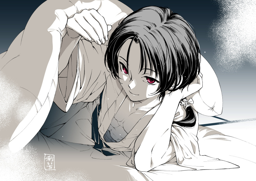 1boy absurdres bed_invitation black_hair blanket commentary copyright_request elbow_rest ero_mikihime highres japanese_clothes kashuu_kiyomitsu kimono long_hair looking_at_viewer male_focus male_underwear monochrome open_clothes open_kimono ponytail red_eyes signature smile solo spot_color touken_ranbu under_covers underwear