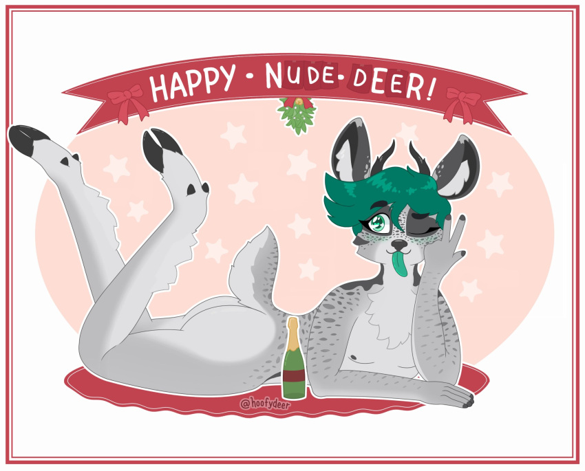alcohol anthro antlers beverage blush bow_ribbon butt champagne deer fluffy fluffy_tail green_eyes green_hair green_tongue hair heart_(marking) hi_res holidays hoofy_(hoofydeer) hoofydeer hooves horn legs_up male mammal markings mistletoe new_year nude one_eye_closed plant rug simple_background solo spots spotted_markings star tail tongue tongue_out wink
