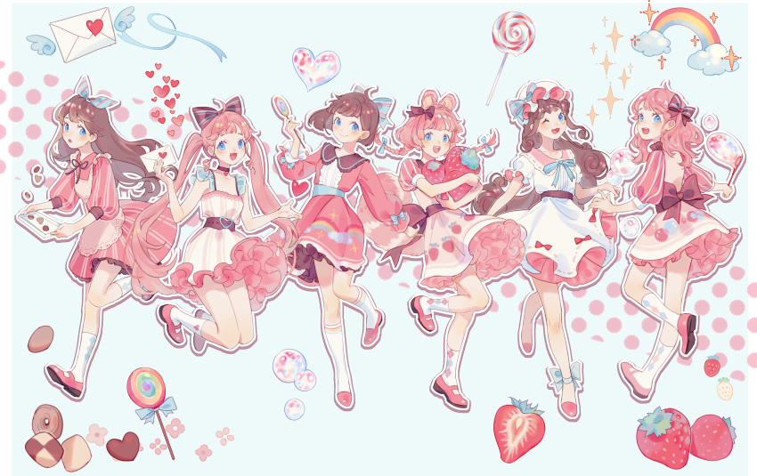 6+girls :3 :d :o absurdres ahoge animal_ears ankle_bow apron aqua_bow aqua_ribbon aqua_sash argyle argyle_legwear arm_up back_bow bare_arms bare_legs belt belt_buckle black_belt black_bow black_choker black_ribbon black_sash blue_eyes blush bow braid brown_hair brown_sash bubble bubble_print bubble_wand buckle candy center_frills chinese_commentary chocolate choker closed_mouth cloud collarbone commentary curly_hair detached_wings dress dress_bow drill_hair drill_sidelocks fang floating_hair food food_print food_request frilled_dress frills from_behind fruit hair_bow hands_up hat hat_bow heart heart_print hidari_(nanmu-left) highres holding holding_candy holding_food holding_letter holding_lollipop holding_tray holding_wand jumping kneehighs letter lollipop long_hair long_sleeves looking_at_viewer looking_back love_letter low_twin_braids mary_janes mob_cap multiple_girls one_eye_closed open_hand open_mouth original outline oversized_food pink_apron pink_bow pink_dress pink_footwear pink_hair polka_dot polka_dot_background puffy_short_sleeves puffy_sleeves rainbow rainbow_print ribbon running sash shoes short_eyebrows short_hair short_sleeves sidelocks simple_background sleeves_past_elbows sleeves_past_wrists smile socks standing standing_on_one_leg star_(symbol) star_print straight_hair strawberry strawberry_print strawberry_slice striped striped_bow striped_dress swirl_lollipop tareme tray twin_braids twintails vertical-striped_dress vertical-striped_sleeves vertical_stripes very_long_hair wand white_background white_dress white_headwear white_outline white_socks wings