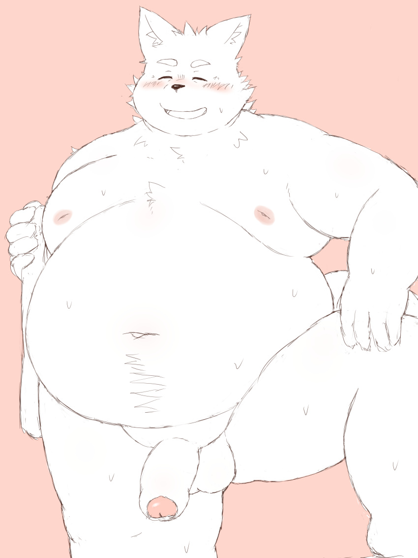 2023 absurd_res anthro balls belly big_belly blush canid canine canis domestic_dog eyes_closed genitals hi_res ibuki_haruno kemono male mammal moobs navel nipples overweight overweight_male penis pink_background simple_background solo