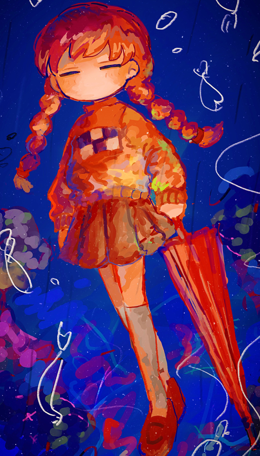 1girl abstract_background absurdres arms_at_sides blue_background blush braid closed_eyes color_contrast contrast fish full_body highres holding holding_umbrella kneehighs long_hair long_sleeves madotsuki miniskirt no_mouth no_nose pink_sweater pleated_skirt red_footwear red_skirt red_umbrella shoes skirt socks solo sweater turtleneck turtleneck_sweater twin_braids twintails udon_tabetai625 umbrella walking white_socks yume_nikki