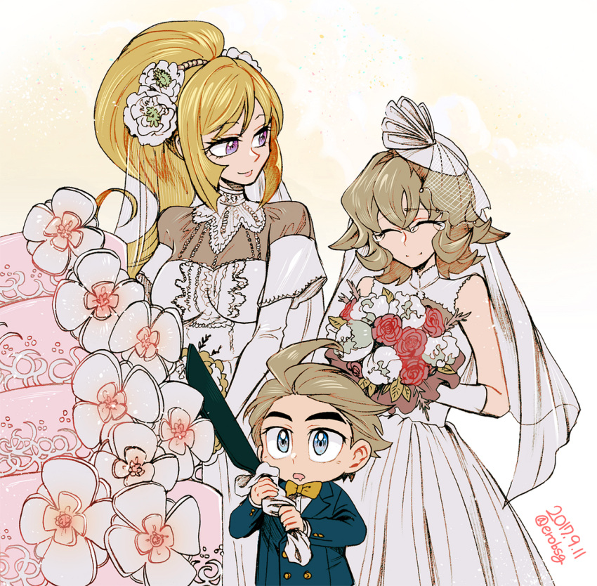 1boy 2girls 302 akatsuki_(gundam_tekketsu_no_orphans) atra_mixta blonde_hair blue_eyes bouquet brown_hair dated dress flipped_hair flower formal gundam gundam_tekketsu_no_orphans holding holding_bouquet kudelia_aina_bernstein mother_and_son multiple_girls see-through suit twitter_username veil wedding wedding_dress white_dress wife_and_wife yuri