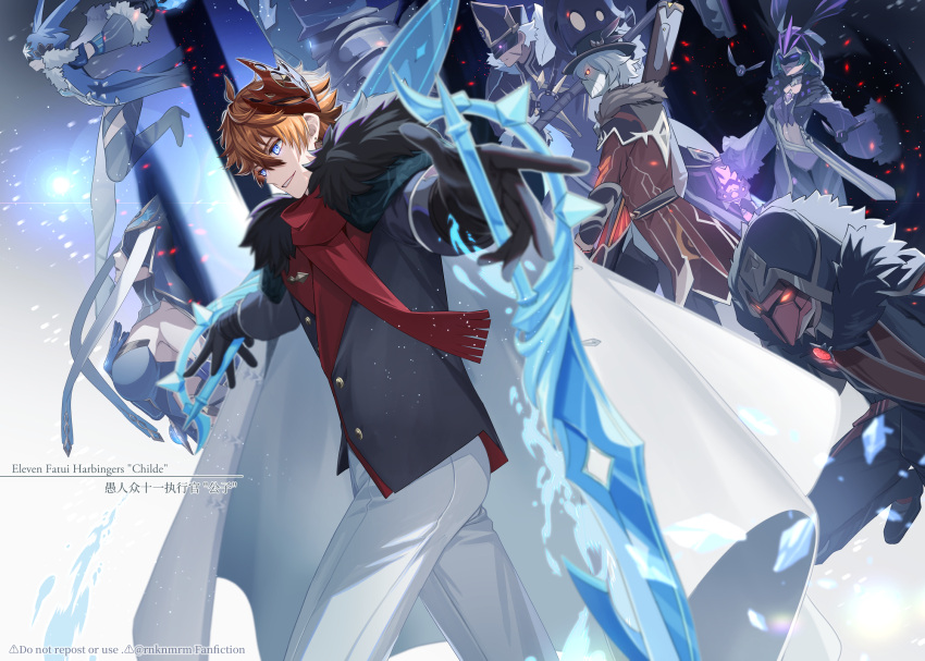 3girls 6+boys :d ahoge arms_up artist_name black_coat black_gloves black_headwear black_jacket blue_eyes blurry blurry_foreground buttons character_name cicin_(genshin_impact) cicin_mage_(genshin_impact) coat coat_on_shoulders commentary_request cowboy_shot crossed_bangs cryo_cicin_mage_(genshin_impact) cryogunner_legionnaire_(genshin_impact) delusion_(genshin_impact) dual_wielding earrings electro_cicin_mage_(genshin_impact) electrohammer_vanguard_(genshin_impact) eye_mask fatui_pyro_agent_(genshin_impact) fur-trimmed_coat fur-trimmed_sleeves fur_trim genshin_impact gloves glowing glowing_eyes gradient_background green_hair grey_hair grin hair_between_eyes hat highres holding holding_lantern holding_weapon hood hood_up hooded_coat ice_shard jacket jewelry lantern liquid_weapon long_sleeves male_focus mask mask_on_head mirror_maiden_(genshin_impact) multiple_boys multiple_girls open_mouth orange_hair outstretched_arms pants purple_headwear pyroslinger_bracer_(genshin_impact) red_coat red_mask red_scarf rnknmrm scar scar_on_cheek scar_on_face scarf short_hair sleeves_past_fingers sleeves_past_wrists smile spread_arms tartaglia_(genshin_impact) twitter_username v-shaped_eyebrows walking watermark weapon white_background white_coat white_pants