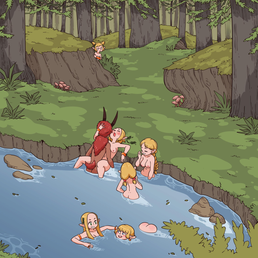 1boy absurdres blonde_hair completely_nude forest goat_tail hetero highres horns laughing long_hair missionary multiple_girls nature nuclear_wasabi nude nymph original outdoors peeking public_indecency public_nudity red_hair river satyr sex