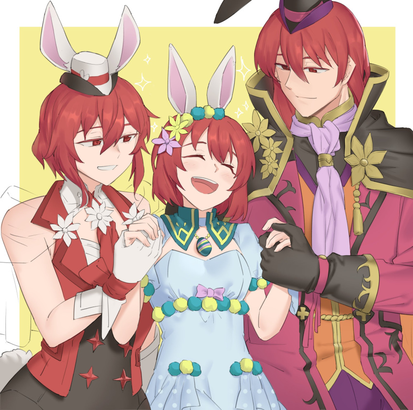 1boy 2girls :d animal_ears bare_shoulders black_gloves brother_and_sister cloak dress ebinku fake_animal_ears fire_emblem fire_emblem:_mystery_of_the_emblem fire_emblem_heroes gloves grin hat highres leotard long_sleeves looking_at_another maria_(fire_emblem) maria_(spring)_(fire_emblem) medium_hair michalis_(fire_emblem) michalis_(spring)_(fire_emblem) minerva_(fire_emblem) minerva_(spring)_(fire_emblem) mini_hat multiple_girls neckerchief official_alternate_costume open_mouth puffy_short_sleeves puffy_sleeves rabbit_ears red_eyes red_hair short_hair short_sleeves siblings sisters smile upper_body white_gloves yellow_background