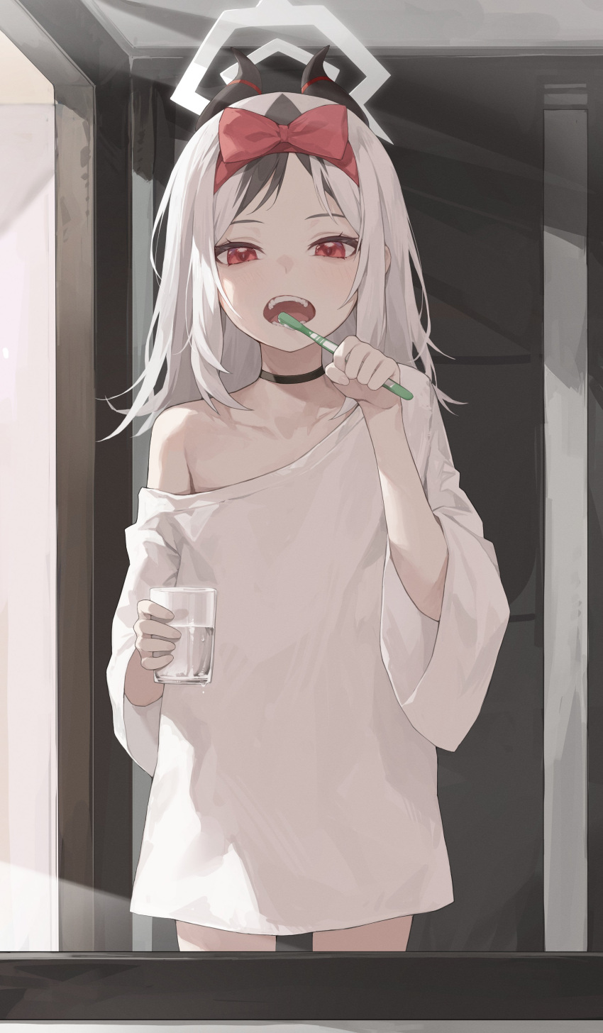1girl absurdres black_choker black_hair black_horns blue_archive blush choker cowboy_shot cup demon_horns halo highres holding holding_cup holding_toothbrush horns kayoko_(blue_archive) long_hair mirror mokew open_mouth red_eyes shirt single_bare_shoulder solo toothbrush white_hair white_shirt