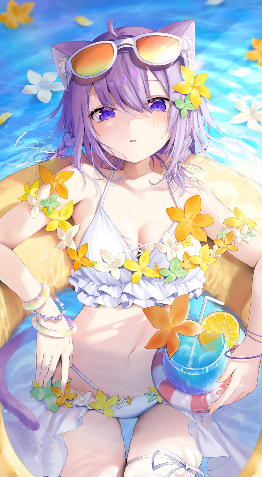 1girl absurdres ahoge animal_ears bare_shoulders bikini blush bracelet braid breasts cat_ears cat_girl cat_tail cleavage commentary_request cup drink drinking_straw eyewear_on_head flower frilled_bikini frills hair_flower hair_ornament halterneck highres hololive innertube jewelry looking_at_viewer lying medium_breasts navel nekomata_okayu on_innertube parted_lips purple_eyes purple_hair setokane side_braid solo stomach string_bikini sunglasses swimsuit tail thigh_strap virtual_youtuber water white-framed_eyewear white_bikini