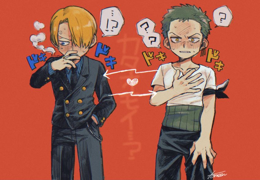 2boys ? arrow_(symbol) bandaid bandaid_on_arm black_necktie black_pants black_suit blonde_hair blue_eyes blue_shirt blush chibi cigarette clothes_pull collarbone earrings facial_hair full-face_blush green_hair hair_over_one_eye hand_in_pocket hand_on_own_chest heart highres jewelry looking_afar looking_down lovestruck male_focus multiple_boys necktie one_piece pants red_background roronoa_zoro sanji_(one_piece) shirt short_hair signature smoking spoken_question_mark striped striped_shirt suit sweatdrop tomea491 translation_request v-shaped_eyebrows white_shirt yaoi
