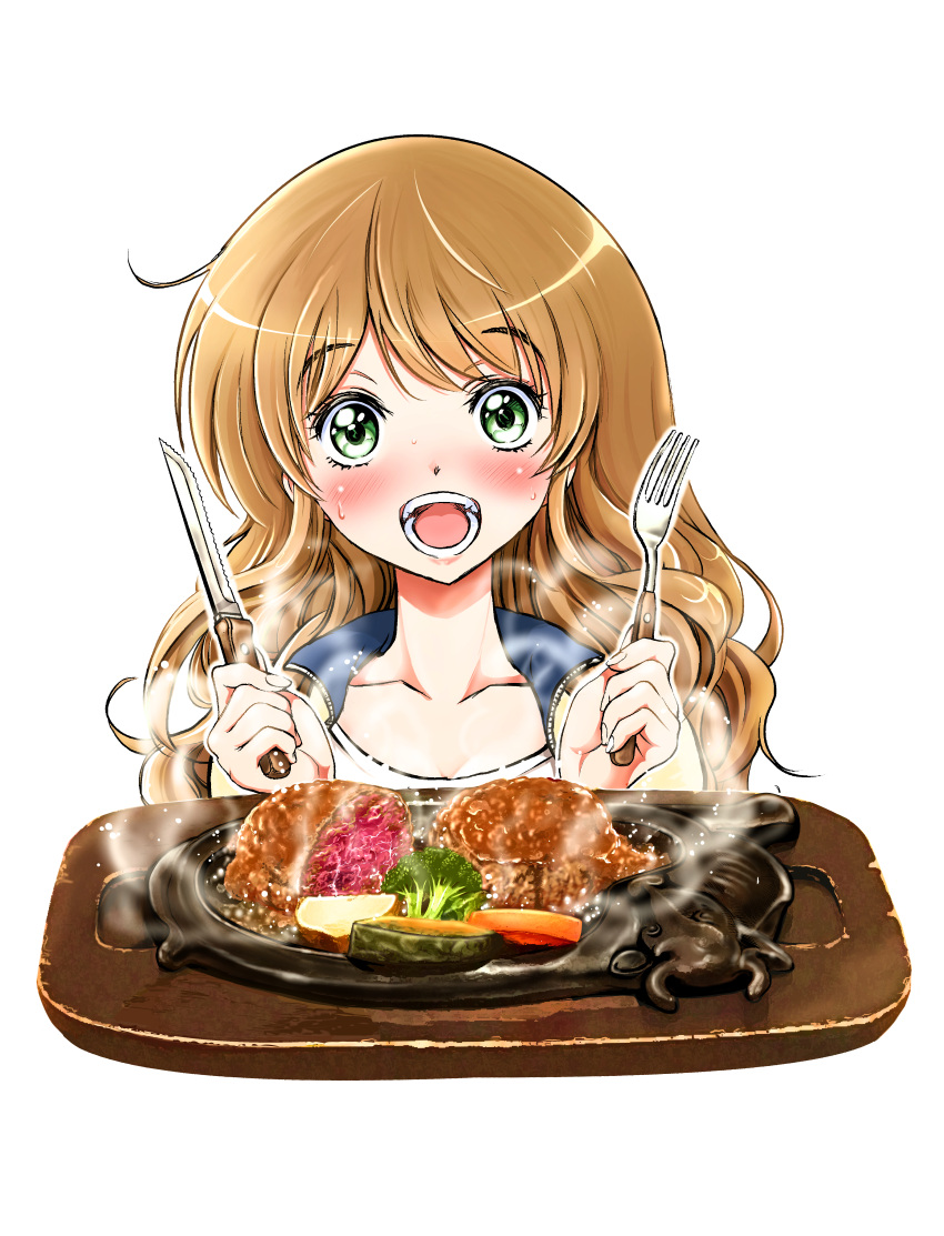 1girl absurdres apple apple_slice blush broccoli brown_hair carrot fd375575 food food_focus fork fruit green_eyes hamburger_steak highres holding holding_fork holding_knife knife long_hair looking_at_viewer meat open_mouth original solo