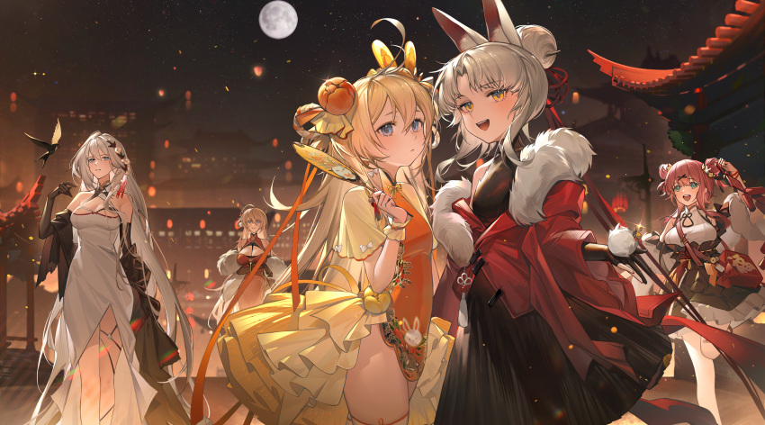 5girls :/ :d absurdres ahoge animal_ears animal_print apc556_(girls'_frontline) architecture bare_shoulders bird black_gloves blonde_hair blue_eyes breasts china_dress chinese_clothes chinese_new_year city_lights cleavage cowboy_shot double_bun dp28_(girls'_frontline) dress east_asian_architecture elbow_gloves erma_(girls'_frontline) feather_boa feet_out_of_frame full_moon girls'_frontline gloves grey_hair hair_bun hand_fan hand_up highres holding holding_fan jacket large_breasts long_dress long_hair long_sleeves looking_at_viewer mk3a1_(girls'_frontline) moon multiple_girls night night_sky official_art official_wallpaper orange_dress rabbit_ears rabbit_print red_dress red_hair red_jacket short_dress short_hair short_sleeves sky sleeveless sleeveless_dress small_breasts smile tabuk_(girls'_frontline) teeth tuanshan upper_teeth_only very_long_hair white_dress white_hair yellow_eyes