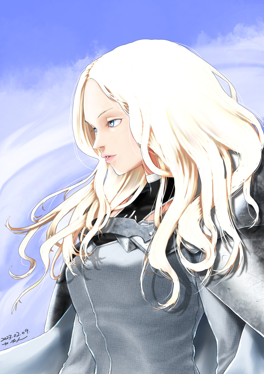 1girl absurdres armor blonde_hair blue_sky bodysuit breasts cape claymore_(series) cloud dated day from_side grey_bodysuit grey_cape highres lips long_hair long_sleeves looking_at_viewer medium_breasts outdoors parted_lips pauldrons realistic shoulder_armor signature sky solo teresa_(claymore) uniform wavy_hair yuutan_(chokorobittsu)