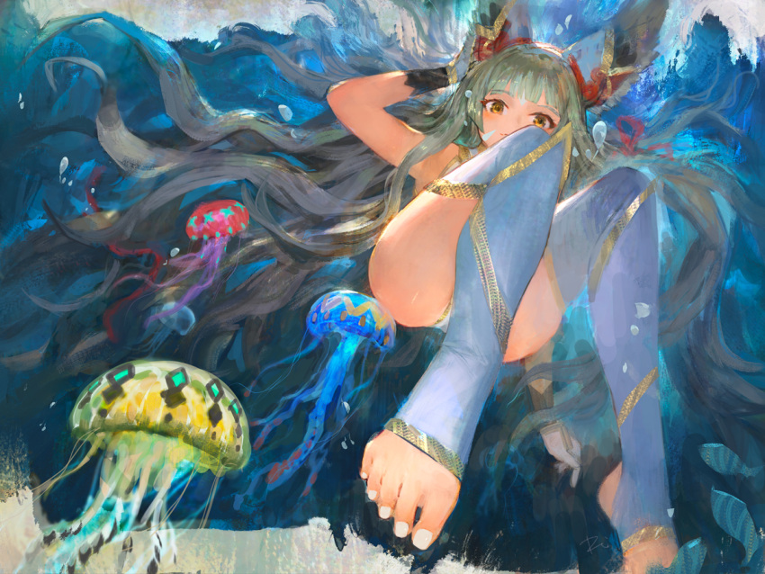 1girl animal_ears arm_up armpits ass blue_thighhighs blunt_bangs brown_eyes cat_ears closed_mouth daible ear_covers feet floating_hair foreshortening full_body gloves gold_trim grey_hair jellyfish knees_up leaning_back legs leotard looking_at_viewer nail_polish nia_(blade)_(xenoblade) nia_(xenoblade) no_shoes signature solo stirrup_legwear thighhighs thighs toeless_legwear toenail_polish toenails toes underwater water white_leotard white_nails xenoblade_chronicles_(series) xenoblade_chronicles_2