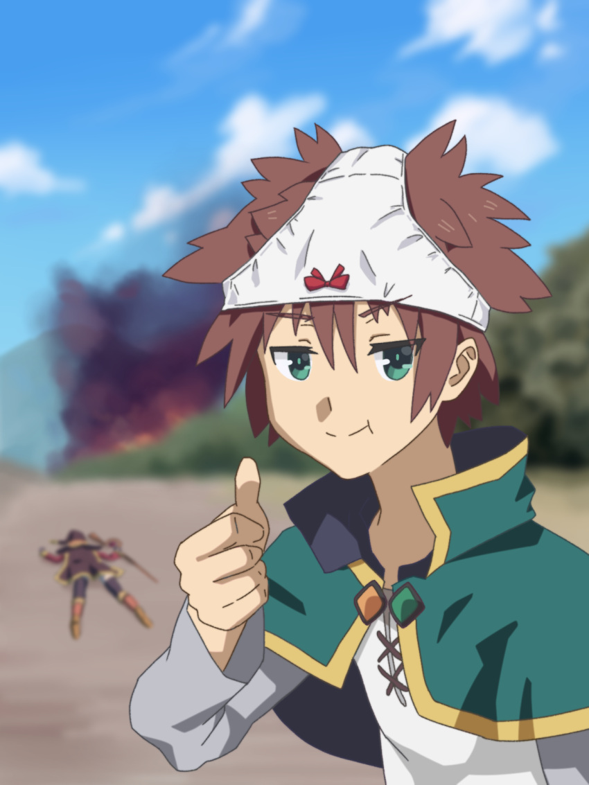 1boy 1girl :t blue_sky blurry blurry_background bow bow_panties brown_hair cape cloud fire forest green_cape hand_up highres jitome katsukareraisu kono_subarashii_sekai_ni_shukufuku_wo! looking_at_viewer lying megumin nature object_on_head on_stomach outdoors panties panties_on_head satou_kazuma shirt short_hair sky smoke thumbs_up unconscious underwear upper_body white_panties white_shirt