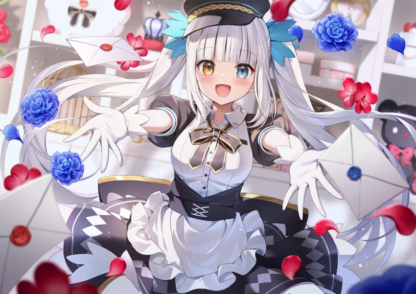 1girl :d apron black_bow black_headwear black_skirt blue_eyes blue_flower blue_rose blurry blurry_background blush bow breasts brown_eyes collared_shirt commentary_request crown depth_of_field dress_shirt envelope flower frilled_apron frills gloves grey_hair hat heterochromia kagura_gumi kagura_mea looking_at_viewer medium_breasts mini_crown momoshiki_tsubaki official_art outstretched_arms peaked_cap petals puffy_short_sleeves puffy_sleeves red_flower rose shirt short_sleeves skirt smile solo stuffed_animal stuffed_toy teddy_bear twintails virtual_youtuber white_apron white_gloves white_shirt