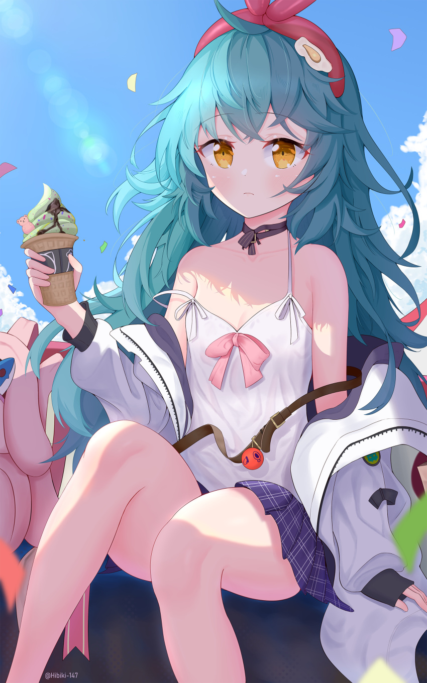 1girl absurdres ahoge antonina_(neural_cloud) bare_legs blue_sky blush breasts day egg_hair_ornament feet_out_of_frame food-themed_hair_ornament frown girls'_frontline girls'_frontline_neural_cloud green_hair hair_ornament hairband hibiki-147 highres holding_ice_cream_cone jacket lens_flare long_hair long_sleeves off_shoulder open_clothes open_jacket outdoors petals plaid plaid_skirt purple_skirt red_hairband sitting skirt sky small_breasts solo strap_slip tank_top twitter_username very_long_hair white_jacket white_tank_top