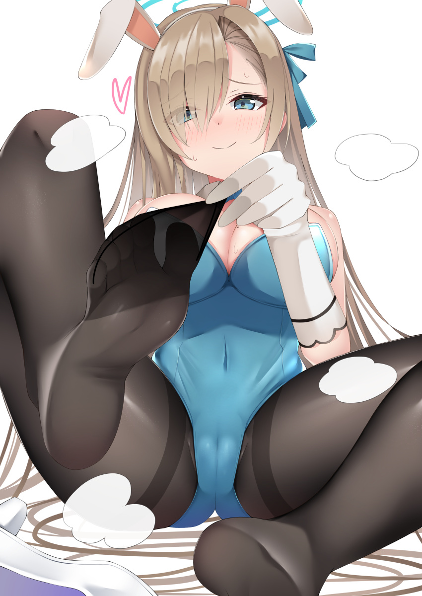 1girl absurdres animal_ears ass asuna_(blue_archive) asuna_(bunny)_(blue_archive) bare_shoulders black_pantyhose blue_archive blue_bow blue_bowtie blue_eyes blue_leotard blue_ribbon blush bow bowtie breasts brown_hair cameltoe cleavage closed_mouth dot_nose eyes_visible_through_hair fake_animal_ears feet foot_focus forehead full_body gloves hair_ornament hair_ribbon halo hands_on_feet heart highleg highleg_leotard highres large_breasts leotard looking_at_viewer mole mole_on_breast monkey_kusai official_alternate_costume pantyhose parted_bangs playboy_bunny presenting_foot ribbon simple_background sitting smile soles solo split_mouth spread_legs sweat thighs toes white_background white_gloves