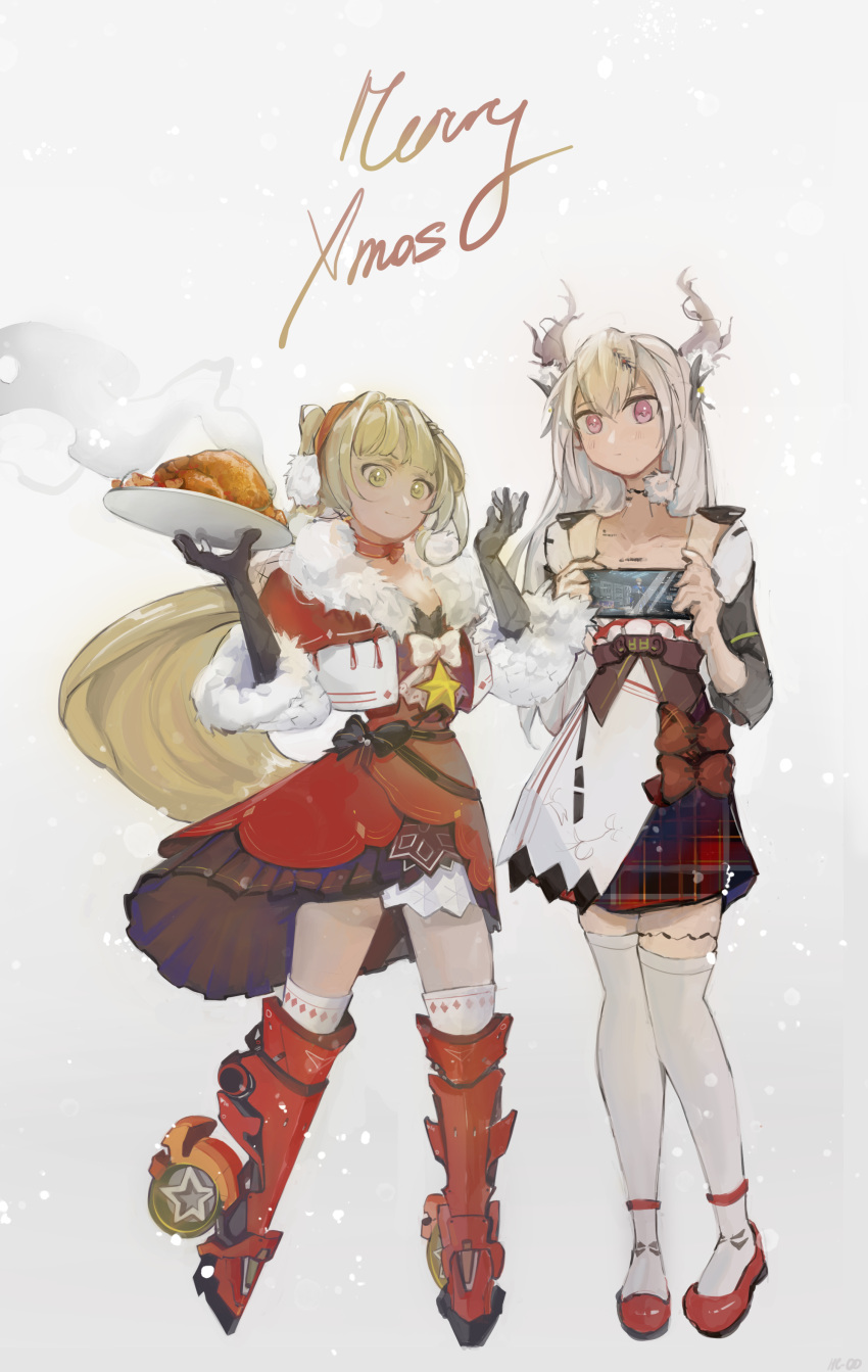 2girls absurdres black_gloves character_request check_character coat dress dress_ribbon elbow_gloves fake_horns food fur-trimmed_coat fur-trimmed_sleeves fur_trim gloves green_eyes grey_hair highres holding holding_food horns light_brown_hair liv_(punishing:_gray_raven) long_hair mechanical_legs merry_christmas multiple_girls nanami:_pulse_(jolly_santanami)_(punishing:_gray_raven) nanami:_pulse_(punishing:_gray_raven) pink_eyes ponytail punishing:_gray_raven red_dress sidelocks skates taozitaotao thighhighs turkey_(food) very_long_hair white_thighhighs