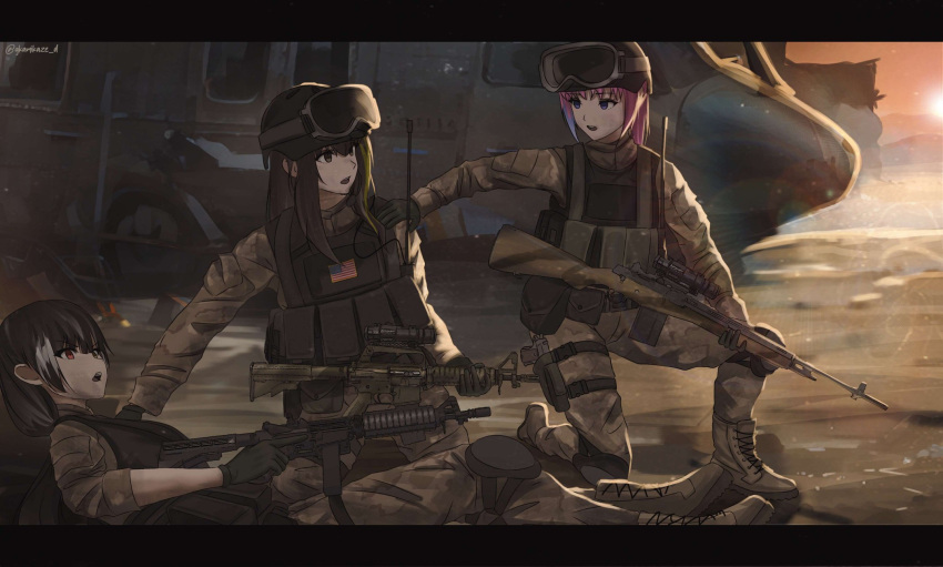 3girls aircraft american_flag assault_rifle black_gloves black_hawk_down brown_eyes brown_hair bulletproof_vest combat_helmet commentary commission dgkamikaze english_commentary girls'_frontline gloves green_hair gun hand_on_another's_shoulder handgun helicopter helmet heterochromia highres holding holding_gun holding_weapon holster long_hair long_sleeves looking_at_another m4a1_(girls'_frontline) military_uniform multicolored_hair multiple_girls open_mouth pink_hair purple_eyes red_eyes rifle ro635_(girls'_frontline) st_ar-15_(girls'_frontline) streaked_hair sunset thigh_holster two-tone_hair uniform weapon white_hair yellow_eyes
